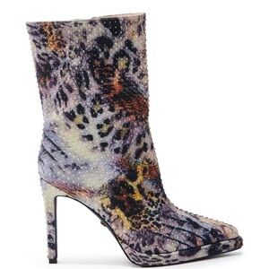 AZALEA WANG Multi Rhinestone Embellished Animal Print Booties